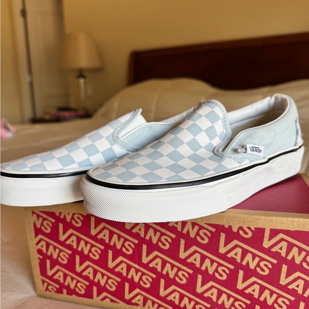 Vans Slip-On Checkerboard Sneakers in Baby Blue and White